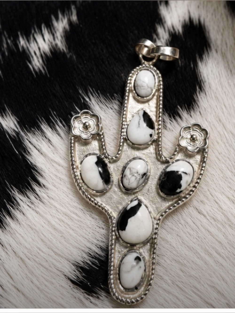 Sterling Silver and Genuine White Buffalo Cactus Pendant - Picture 2 of 3
